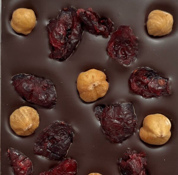 dark chocolate with toasted Ontario hazelnuts and Canadian cranberries